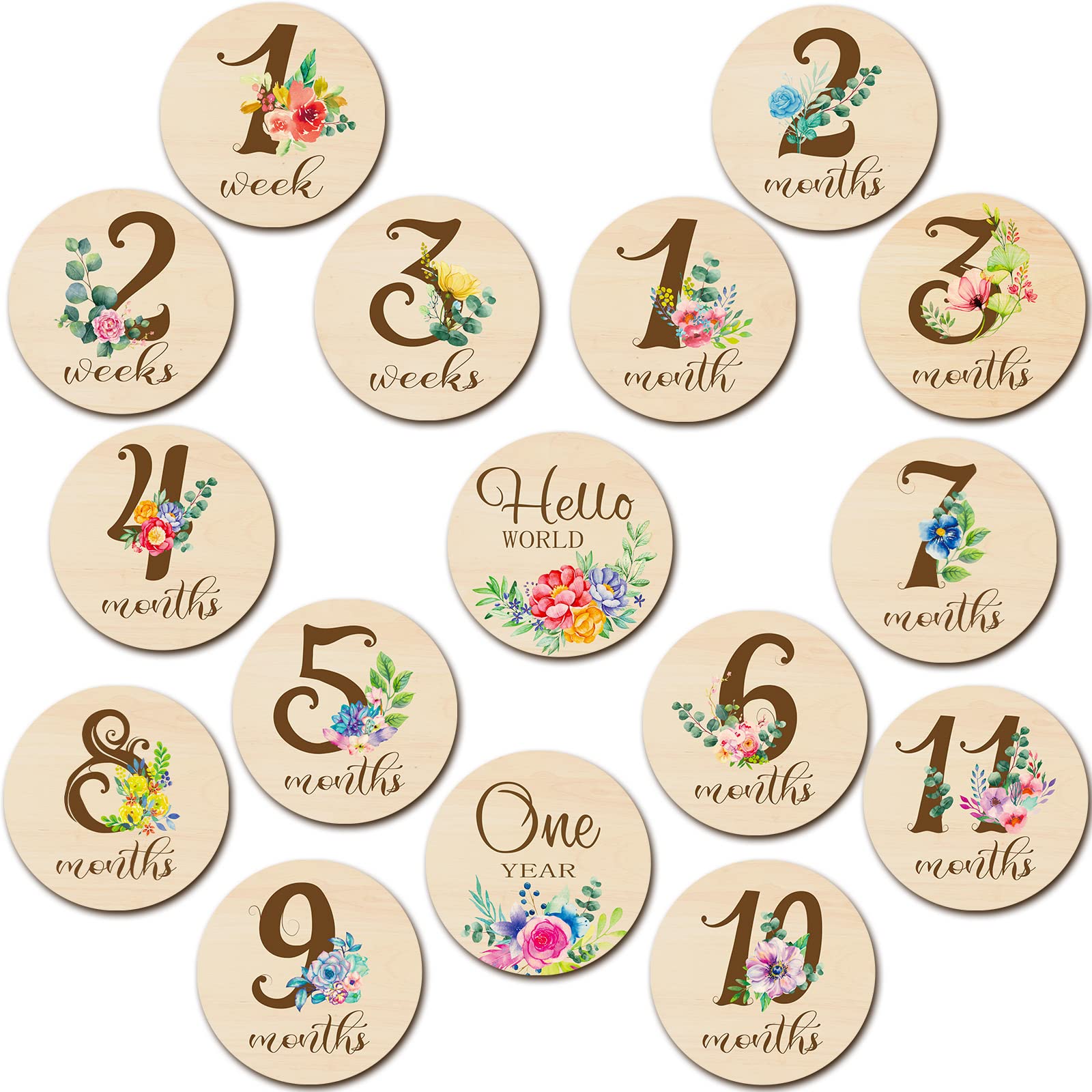 16 Pieces Wooden Baby Monthly Milestone Cards Baby Monthly Milestone Marker Discs Double Sided Monthly Milestone Wooden Circles